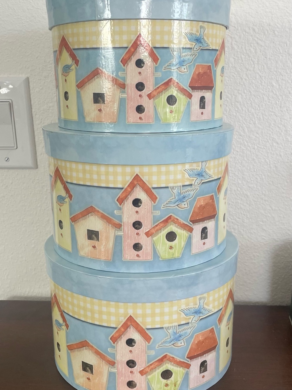 Decorative Nesting Boxes (3) with Birdhouse Motif, 7-8” Diameter, 5-5-1/2” high